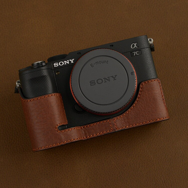 Genuine Leather Handmade hand crafted Sony A7C Camera Half cases Tripod mount SD & battery access door Holster sleeve insert bag lanyard