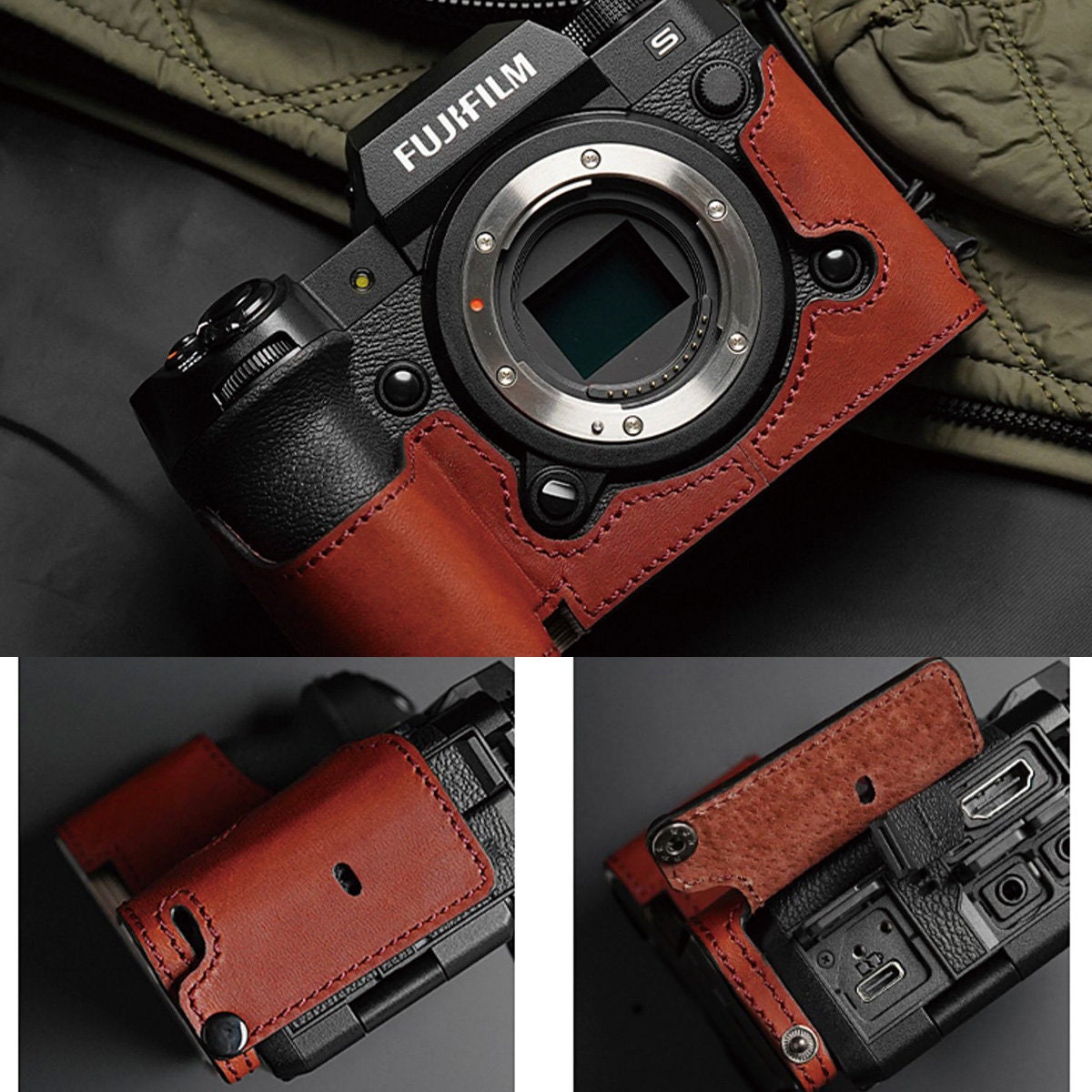 MS Edition Fujifilm fuji X-H2s XH2s Handmade Half Case Cowhide leather Camera bag Protector Holster Tripod mount battery access